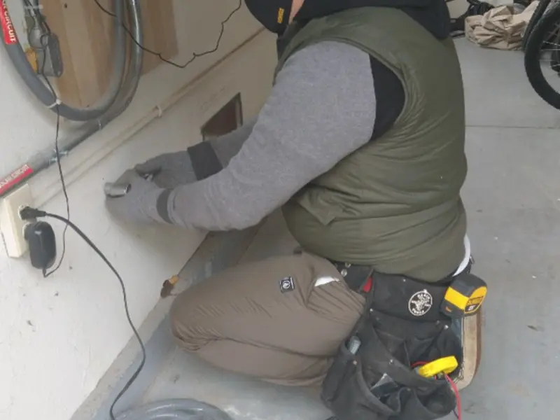 Electrician performing outlet wiring in a Garden City garage